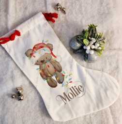 Christmas Stocking, Santa Xmas Decoration, Personalised Gift, Teddy