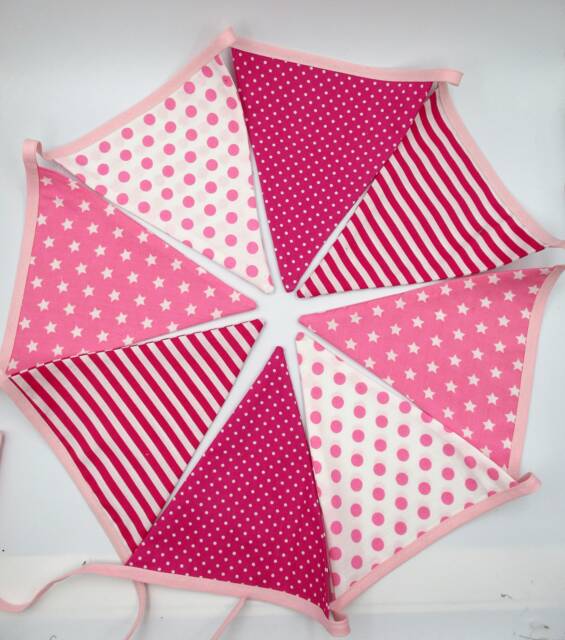 Garland Of Pennants, Cotton Fabric, Pink & White, Wall Decoration, Deco Child's Room, Baby Room 1M50 Long - image 1