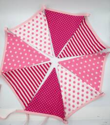 Garland Of Pennants, Cotton Fabric, Pink & White, Wall Decoration, Deco Child's Room, Baby Room 1M50 Long - thumbnail 1