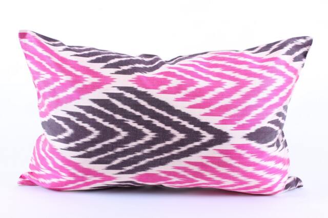 Ikat Silk Velvet Pillow 16x24 - Handmade Boho Cushion Cover Turkish Home Decor Accent - image 1