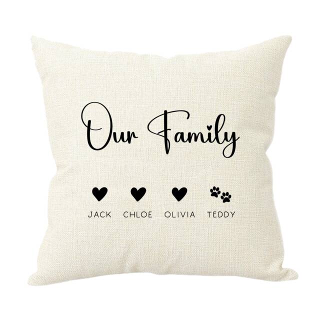 Personalised Our Family Cushion Pillow Hessian Style Heart Paw Print Present Custom Gift