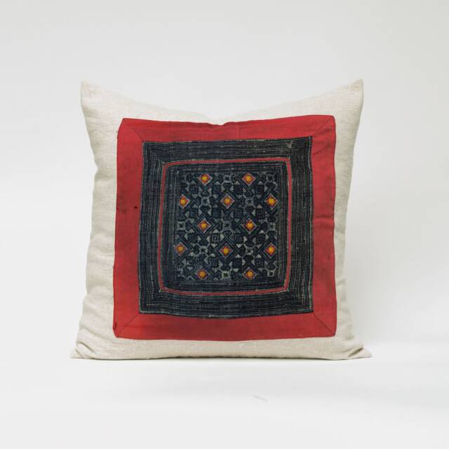 Vintage Hill Tribe Hemp Cushion Cover - Indigo Batik Pillow, 20x20 - image 1