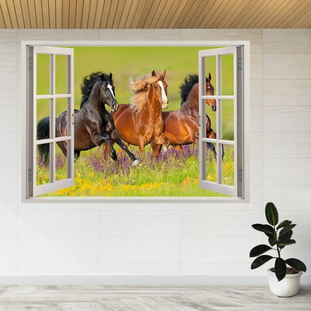 Horses Run Gallop Flower Animal 3D Window View Wall Sticker Poster Decal A806 - image 1