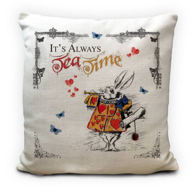 Alice Adventures in Wonderland Cushion Cover - Vintage White Rabbit Always Tea Time With Hearts Tabard 40cm 16 Inch - image 1
