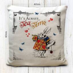 Alice Adventures in Wonderland Cushion Cover - Vintage White Rabbit Always Tea Time With Hearts Tabard 40cm 16 Inch - thumbnail 3