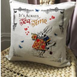 Alice Adventures in Wonderland Cushion Cover - Vintage White Rabbit Always Tea Time With Hearts Tabard 40cm 16 Inch - thumbnail 2