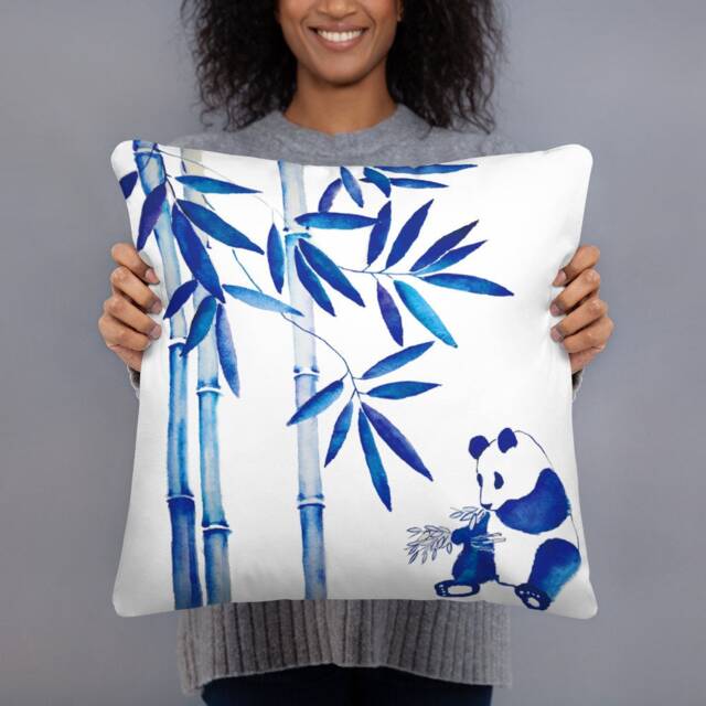 Watercolor Panda Bamboo Porcelain Blue Chinese Style Basic Pillow - image 1