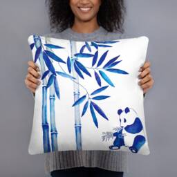 Watercolor Panda Bamboo Porcelain Blue Chinese Style Basic Pillow