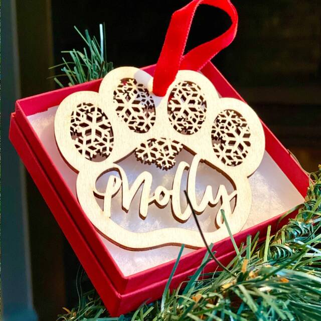 Personalised Paw Print Christmas Ornament Pet Memorial Bauble, Italian Wood Finish - image 1