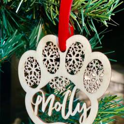 Personalised Paw Print Christmas Ornament Pet Memorial Bauble, Italian Wood Finish - thumbnail 3