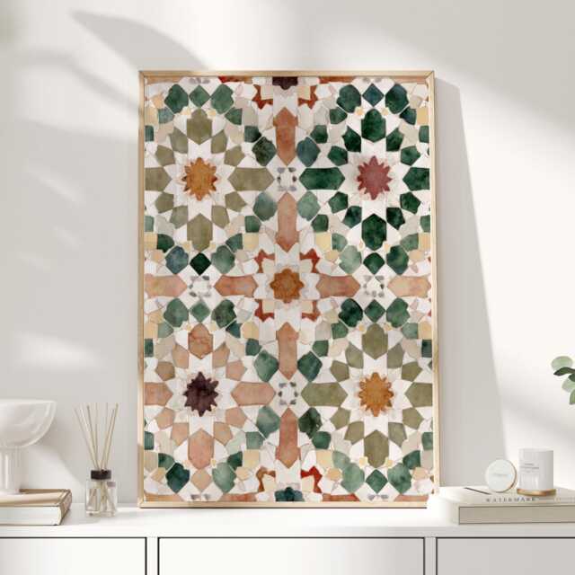 Moroccan Tile Wall Art Print - Geometric Pattern Poster in Green, Terracotta & White Boho Mediterranean Home Decor - image 1