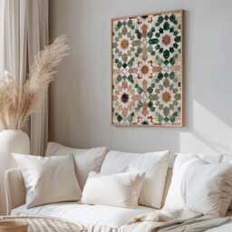 Moroccan Tile Wall Art Print - Geometric Pattern Poster in Green, Terracotta & White Boho Mediterranean Home Decor - thumbnail 2