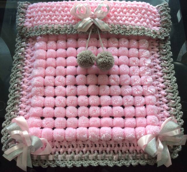 Pink Pom Baby Blanket, Crocheted Edge - 24x20 In - image 1