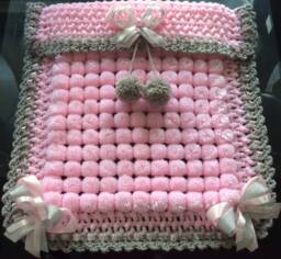 Pink Pom Baby Blanket, Crocheted Edge - 24x20 In