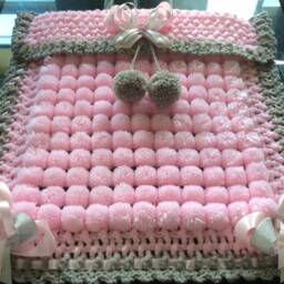 Pink Pom Baby Blanket, Crocheted Edge - 24x20 In - thumbnail 3