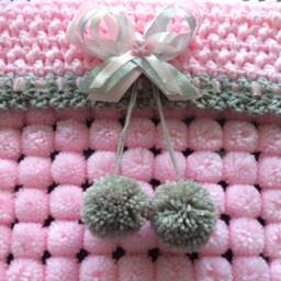 Pink Pom Baby Blanket, Crocheted Edge - 24x20 In - thumbnail 2