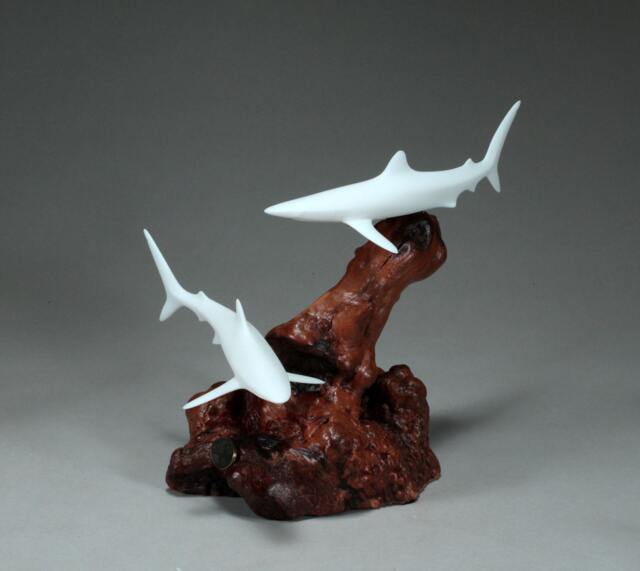 Blue Sharks Sculpture By John Perry, Pellucida On Burlwood - image 1
