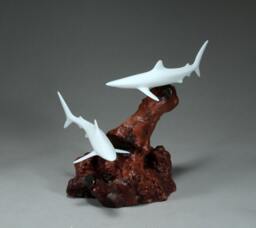 Blue Sharks Sculpture By John Perry, Pellucida On Burlwood - thumbnail 1
