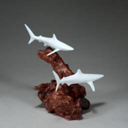 Blue Sharks Sculpture By John Perry, Pellucida On Burlwood - thumbnail 3