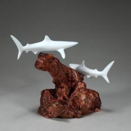 Blue Sharks Sculpture By John Perry, Pellucida On Burlwood - thumbnail 2