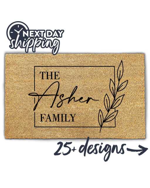 Family Name Doormat With Cute Floral Vine Detail - Custom Housewarming Gift For Families Flower Design 30 Designs - image 1