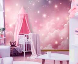 Purple Clouds Wall Mural Fantasy Baby Decal Sticker Decor Light Pink Sparkle Ceiling Customizable Sky Wall Paper Removable - thumbnail 1