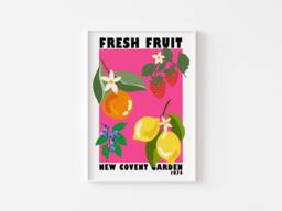Fruit Market New Covent Garden Print - Pink Colourful Retro Art, Groovy Kitchen 1970S, Bright Bold Fruit, London On Trend Poster - thumbnail 1