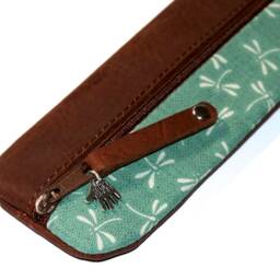 Leather Pencil Case, Waxed Finish Fabric Dragonfly Design Mint Green Tombo Japanese Case For 14 Pencils Handmade Elegant Gift Unique Item - thumbnail 2