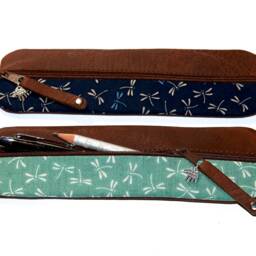 Leather Pencil Case, Waxed Finish Fabric Dragonfly Design Mint Green Tombo Japanese Case For 14 Pencils Handmade Elegant Gift Unique Item - thumbnail 3