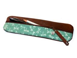 Leather Pencil Case, Waxed Finish Fabric Dragonfly Design Mint Green Tombo Japanese Case For 14 Pencils Handmade Elegant Gift Unique Item