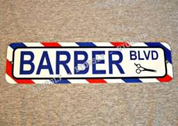 Metal Sign Barber Blvd Shop Barbershop Pole Hair Stylist Cut Chair Hairdresser Stripes Culture Life Decor Man Cave Wall Plaque Street - thumbnail 1
