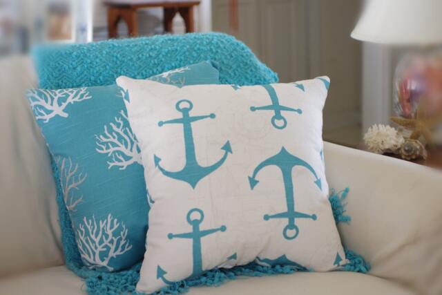 Anchors Away Pillow - White, Gray, Aqua, Turquoise Anchor - image 1