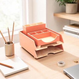 Orange Wooden Desk Organizer Set Handmade Office Storage - thumbnail 4
