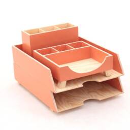 Orange Wooden Desk Organizer Set Handmade Office Storage - thumbnail 2
