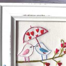 Wall Decor, White Wooden Picture With Hand Embroidered Birds, 15x15 - thumbnail 3