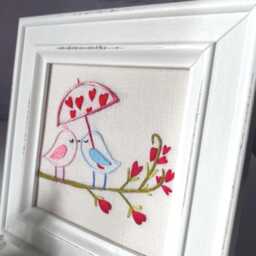 Wall Decor, White Wooden Picture With Hand Embroidered Birds, 15x15 - thumbnail 2