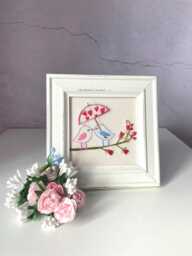 Wall Decor, White Wooden Picture With Hand Embroidered Birds, 15x15 - thumbnail 1