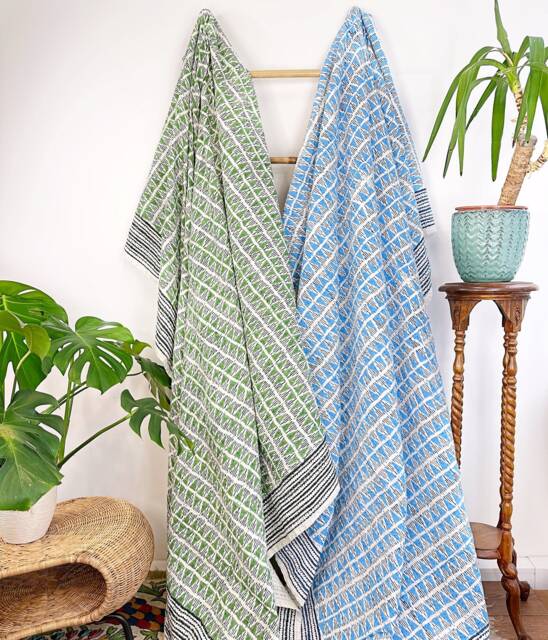 Kantha Stitch Pure Cotton Reversible Bed/Sofa Throw King Size Handmade Dohar - White Blue Hues Geometric Triangle Chevron Wave Stripe - image 1