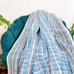 Kantha Stitch Pure Cotton Reversible Bed/Sofa Throw King Size Handmade Dohar - White Blue Hues Geometric Triangle Chevron Wave Stripe - thumbnail 2