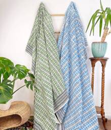 Kantha Stitch Pure Cotton Reversible Bed/Sofa Throw King Size Handmade Dohar - White Blue Hues Geometric Triangle Chevron Wave Stripe - thumbnail 1