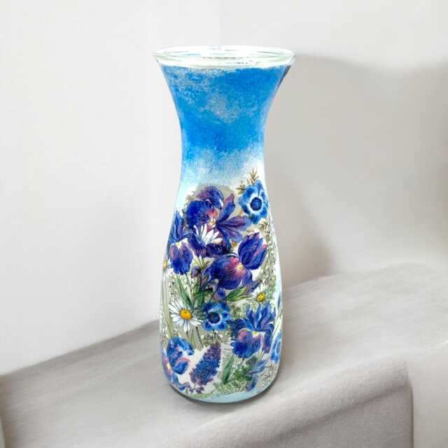 Glass Vase, Tall Iris Meadow Flowers, Floral Vase For Pretty Vases, Mothers Day Gift, Blue Gifts - image 1