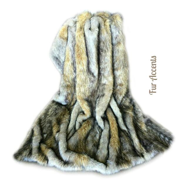 Gold Wolf, Coyote Throw Blanket, Grizzly Bear, Premium Faux Fur, Taupe & Brown Tones Warm Highlights, Softest Minky Lining - image 1