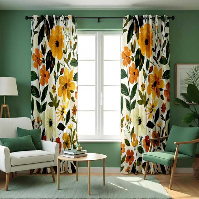 Yellow Floral Print Curtains, Bright Botanical Drapes With Green Leaves, Modern Summer Flower Pattern Window Panels - image 1