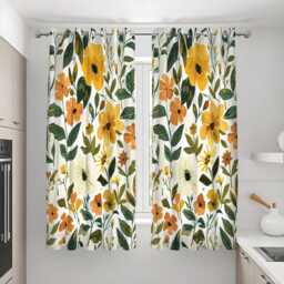 Yellow Floral Print Curtains, Bright Botanical Drapes With Green Leaves, Modern Summer Flower Pattern Window Panels - thumbnail 3