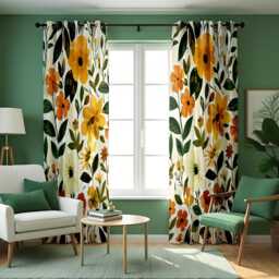 Yellow Floral Print Curtains, Bright Botanical Drapes With Green Leaves, Modern Summer Flower Pattern Window Panels
