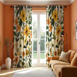 Yellow Floral Print Curtains, Bright Botanical Drapes With Green Leaves, Modern Summer Flower Pattern Window Panels - thumbnail 2