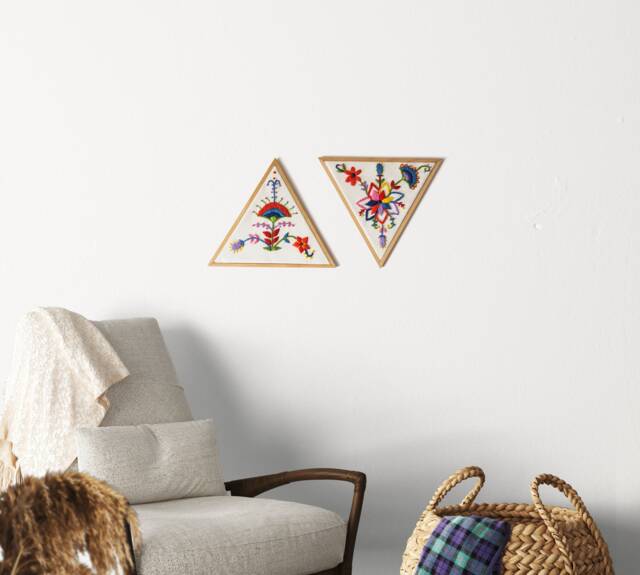 Set Of 2 Embroidered Triangle Wall Art - Hand-Embroidered Floral Decor Unique Botanical Textile Handmade in Italy Gift - image 1