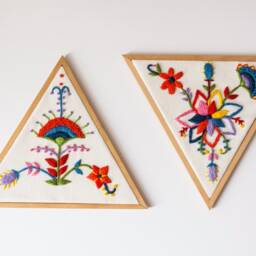Set Of 2 Embroidered Triangle Wall Art - Hand-Embroidered Floral Decor Unique Botanical Textile Handmade in Italy Gift - thumbnail 2