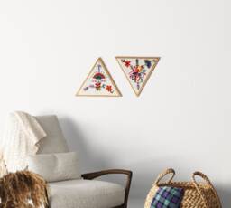 Set Of 2 Embroidered Triangle Wall Art - Hand-Embroidered Floral Decor Unique Botanical Textile Handmade in Italy Gift - thumbnail 1