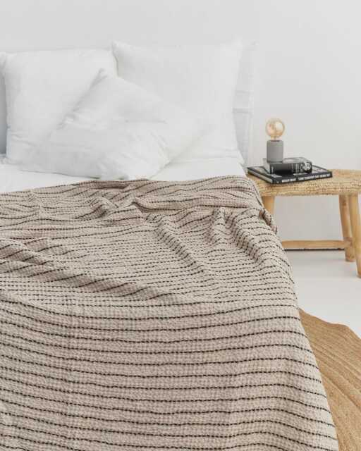 Linen Cotton Beige Striped Blanket - Midweight Waffle Weave Throw Soft Stonewashed Bed Oeko-Tex Certified Cozy Bedding - image 1